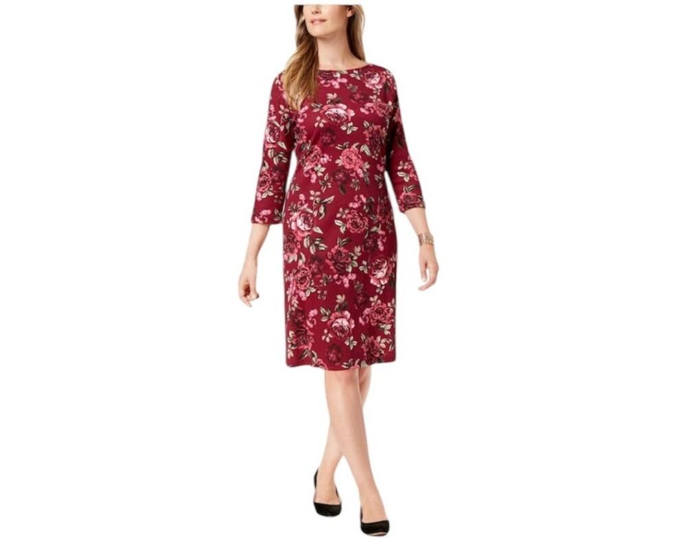 Karen Scott Sport dress women's 1X floral midi burgundy wine stretch resortwear